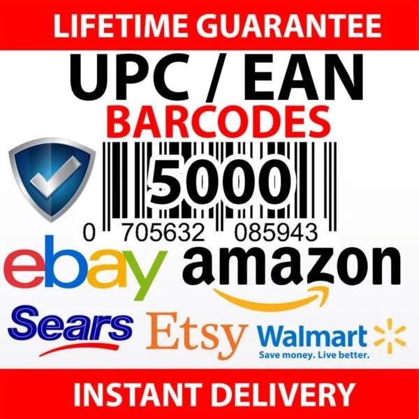 5000 UPC EAN barcodes pack for Amazon FBA, eBay, Walmart, Etsy, Shopify